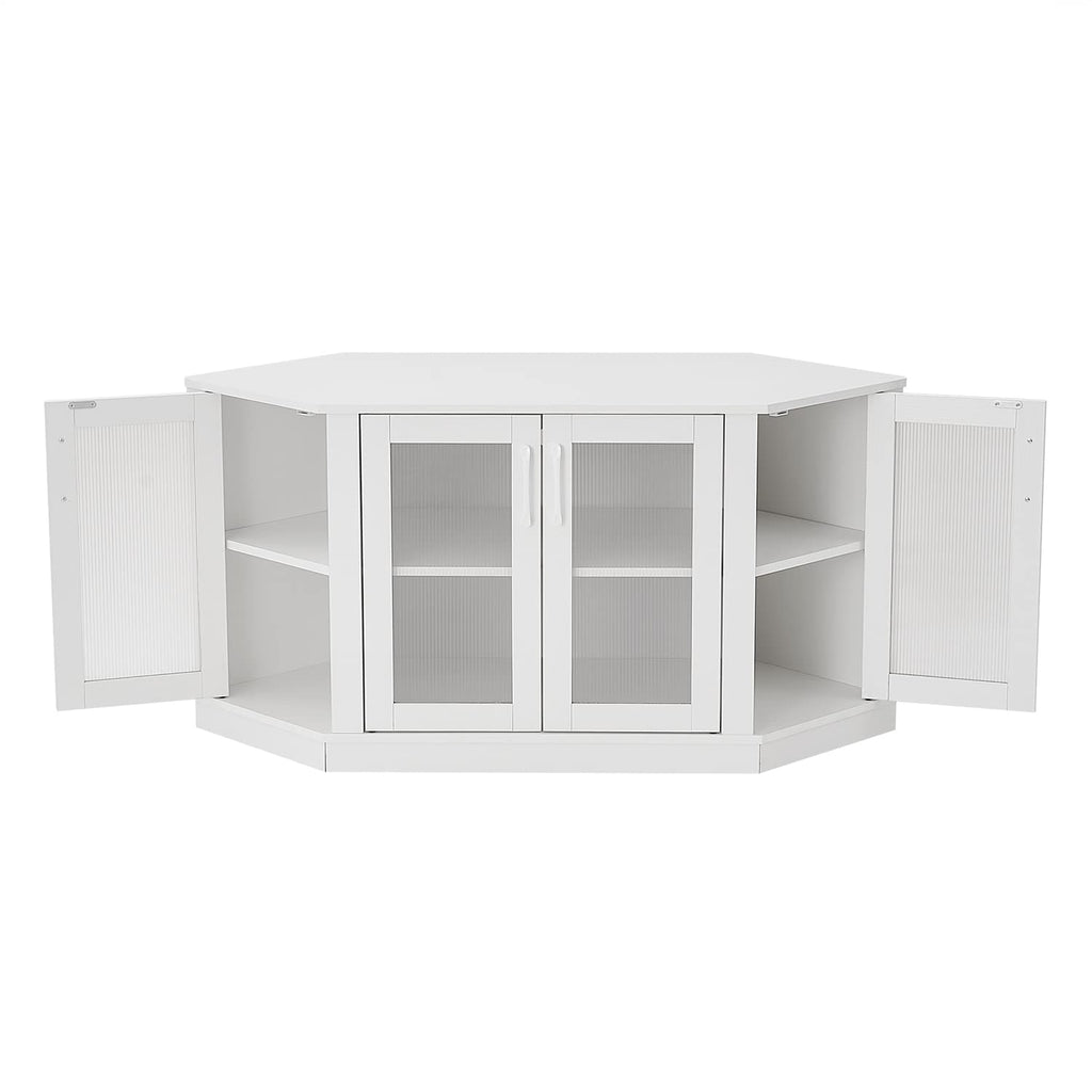 White 47 Inch Corner TV Stand with 4 Doors and Shelves W240