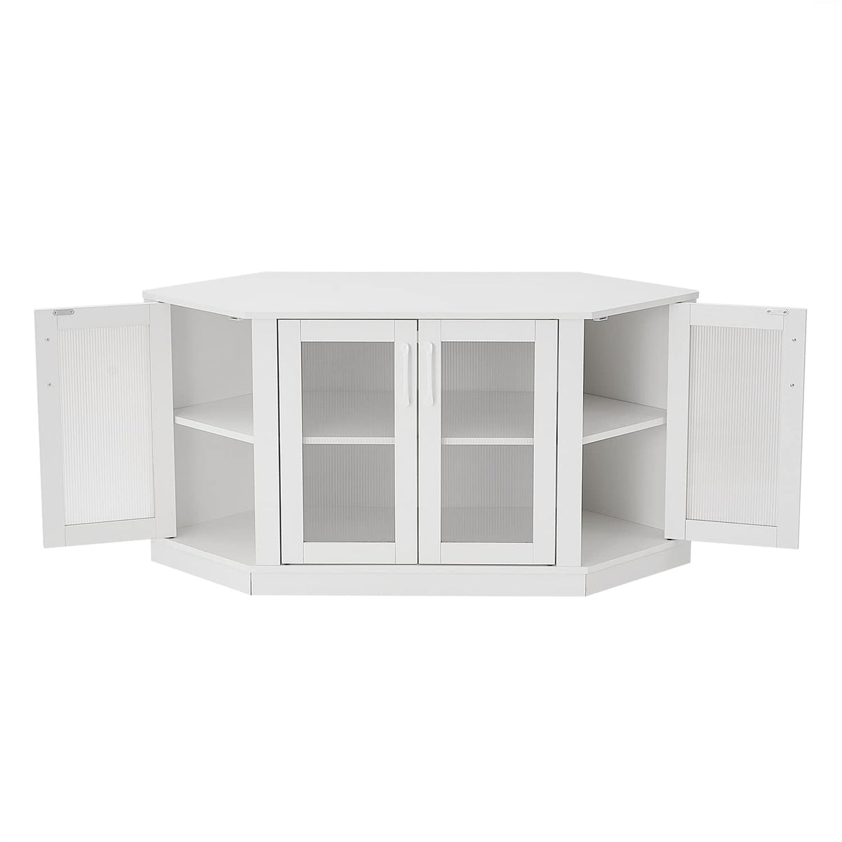 White 47 Inch Corner TV Stand with 4 Doors and Shelves W240