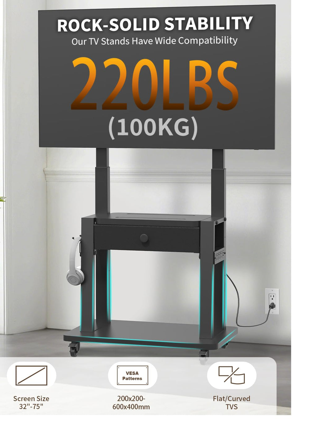 Black Rolling TV Stand with Power Outlet for 32-75 Inch Screens A67912