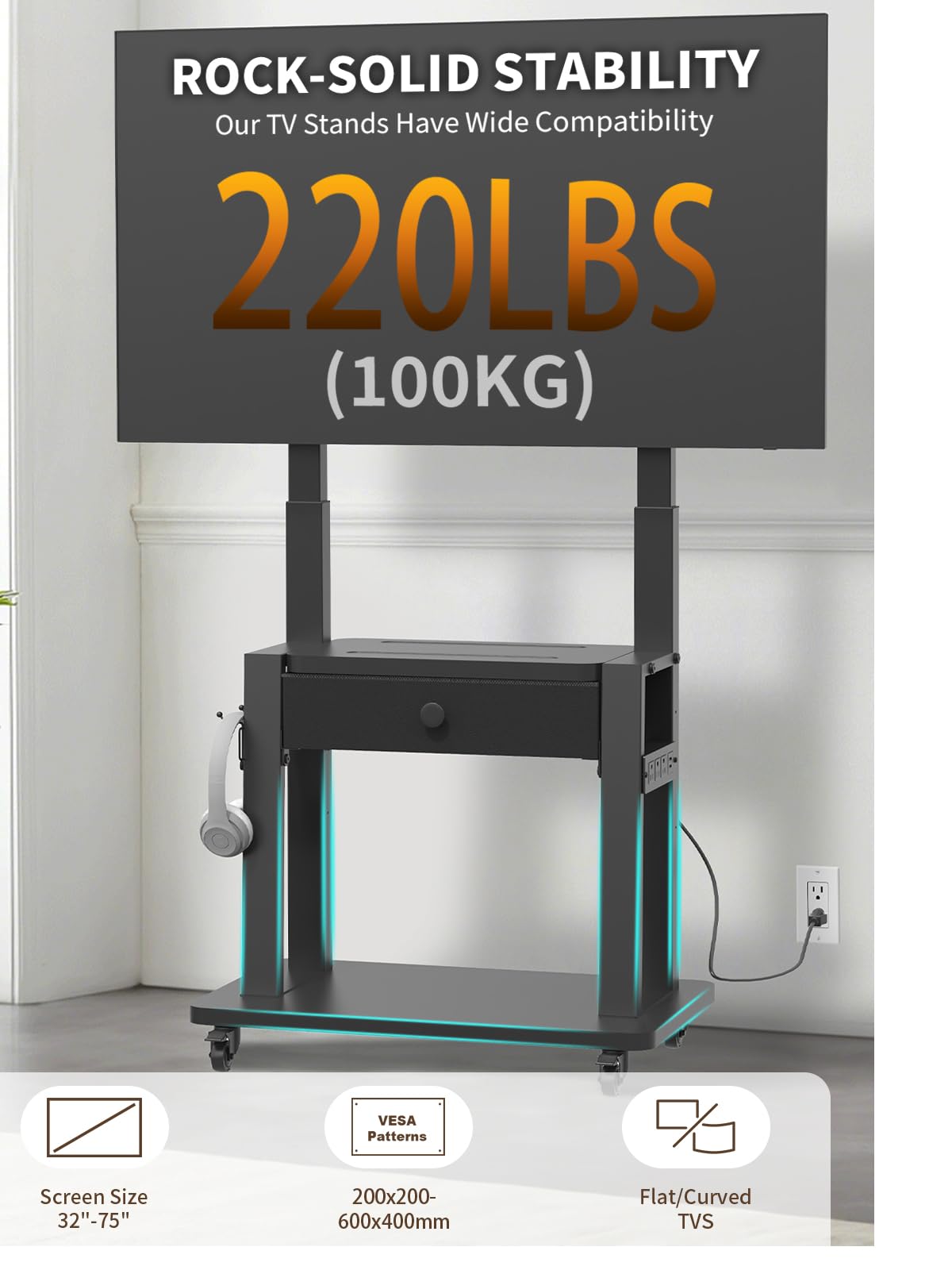 Black Rolling TV Stand with Power Outlet for 32-75 Inch Screens A67912
