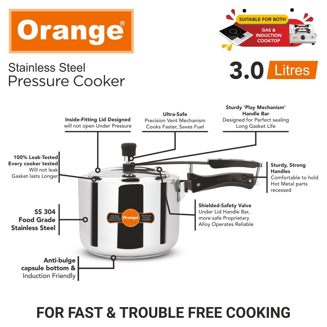 Orange Stainless Steel 3 Litre Pressure Cooker L76124