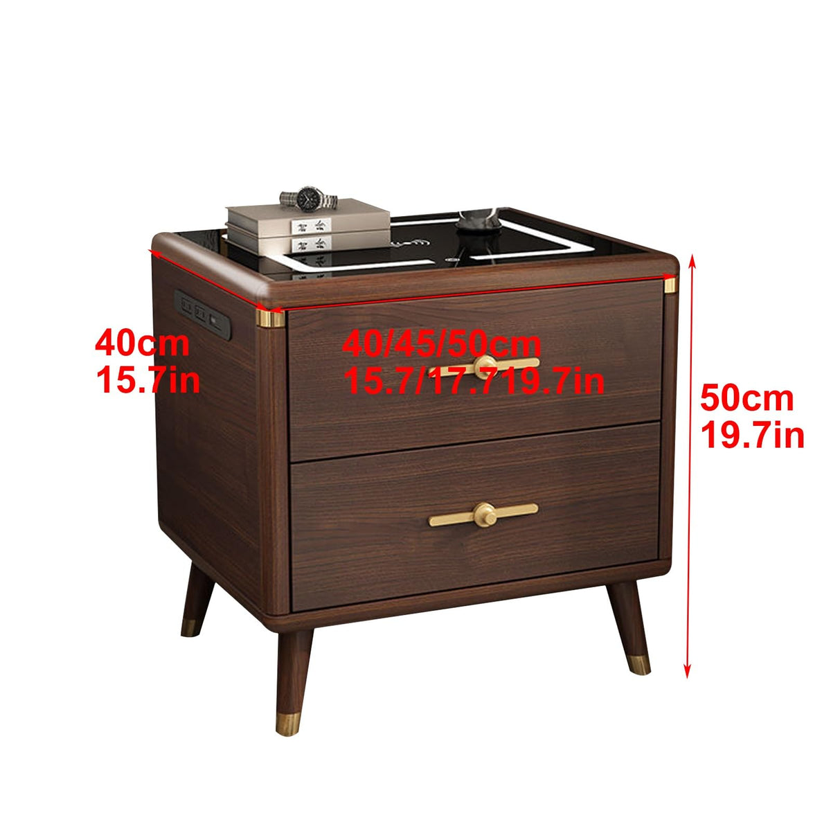 Solid Wood Nightstand with Wireless Charging Station and 2 Drawer Storage O8380