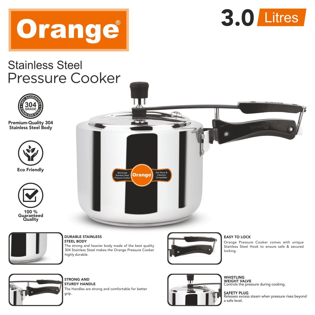 Orange Stainless Steel 3 Litre Pressure Cooker L76124