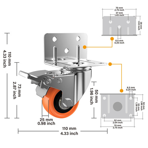 2" L-Shaped Swivel Caster Wheels Set of 4 Q6406