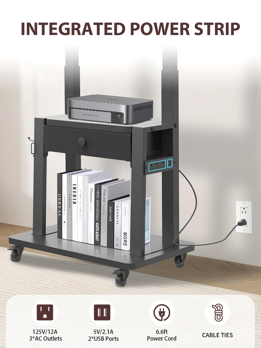 Black Rolling TV Stand with Power Outlet for 32-75 Inch Screens A67912