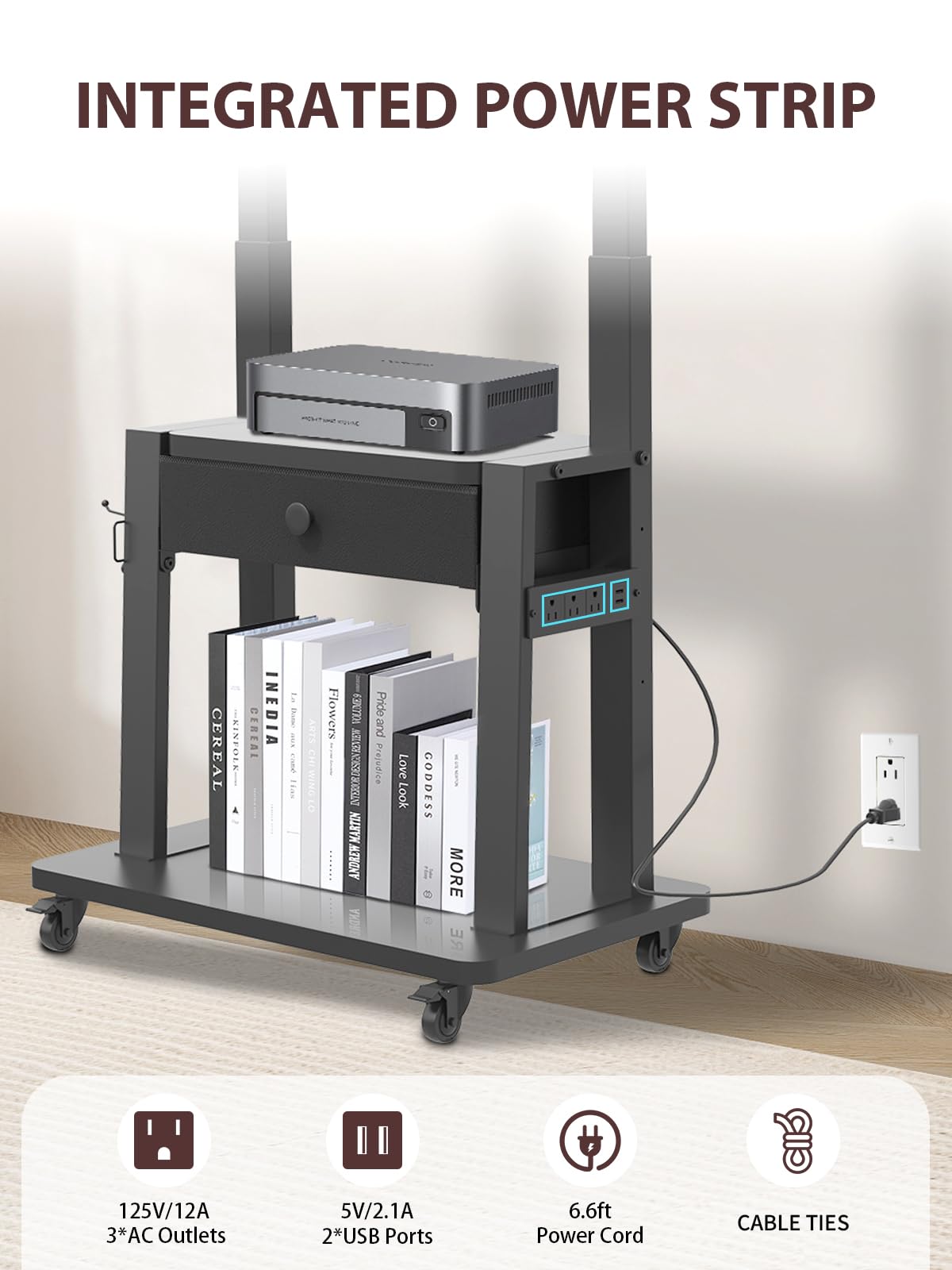 Black Rolling TV Stand with Power Outlet for 32-75 Inch Screens A67912