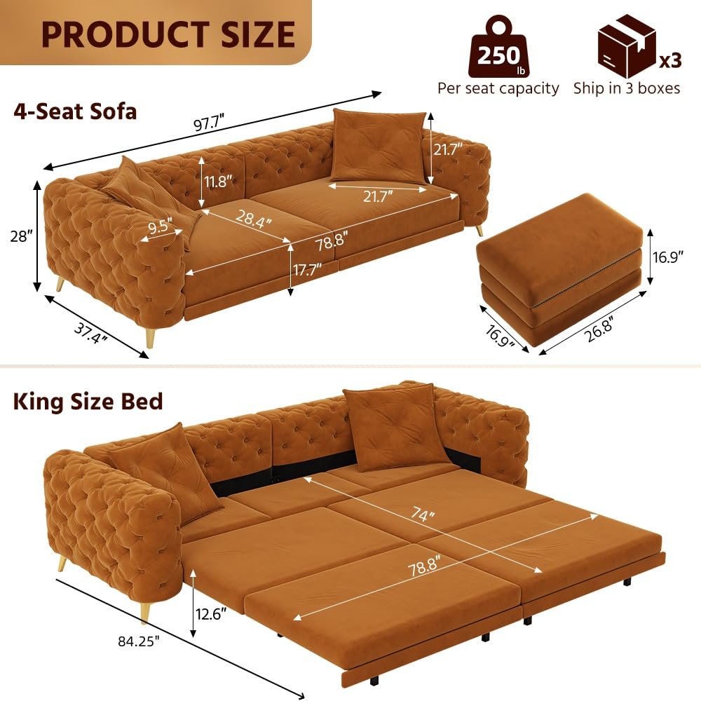 97.7" 3-in-1 Convertible Sleeper Sofa, Tufted Velvet Pull-Out Sofa Bed with Ottoman L79371