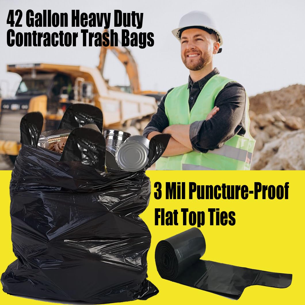 Heavy Duty 42 Gallon 10 Count 3 MIL Black Flap Tie Trash Bags G271075