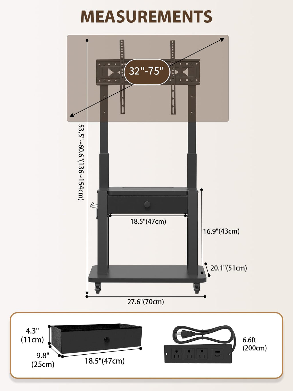 Black Rolling TV Stand with Power Outlet for 32-75 Inch Screens A67912