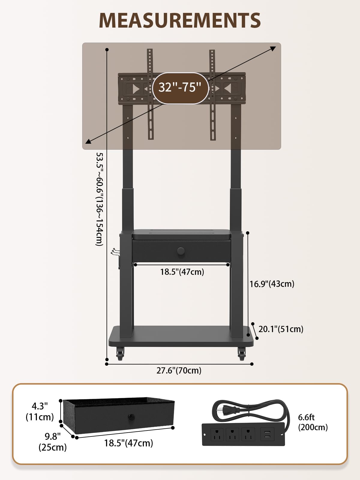 Black Rolling TV Stand with Power Outlet for 32-75 Inch Screens A67912