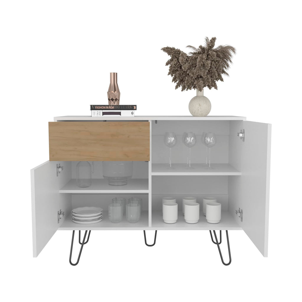 39" Wide White & Oak Console Table with 2 Cabinets, Drawer & Shelves K343116