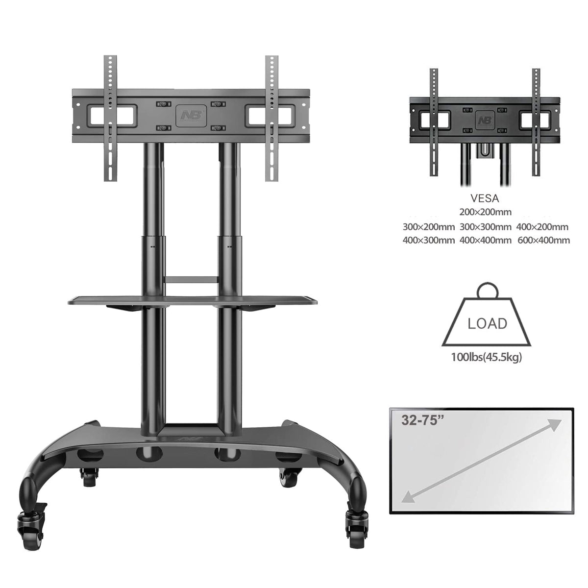 Rolling TV Stand with Wheels for 32 to 75 Inch Flat Panel Screens Z79130