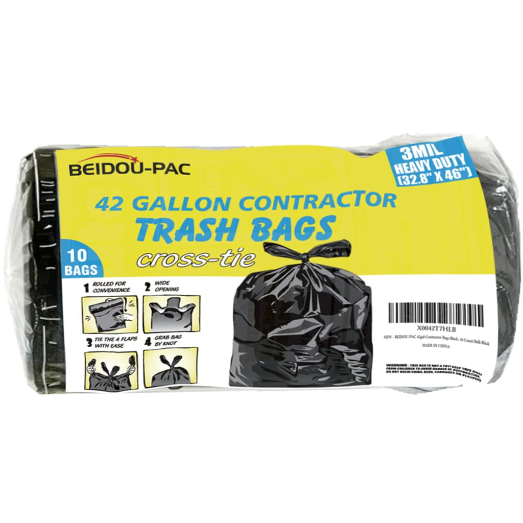 Heavy Duty 42 Gallon 10 Count 3 MIL Black Flap Tie Trash Bags G271075