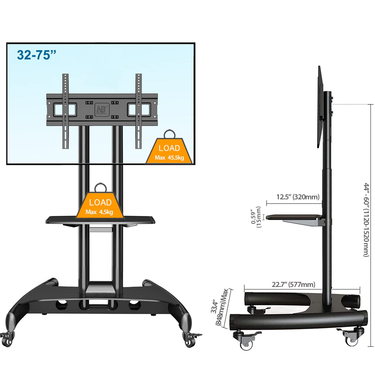Rolling TV Stand with Wheels for 32 to 75 Inch Flat Panel Screens Z79130
