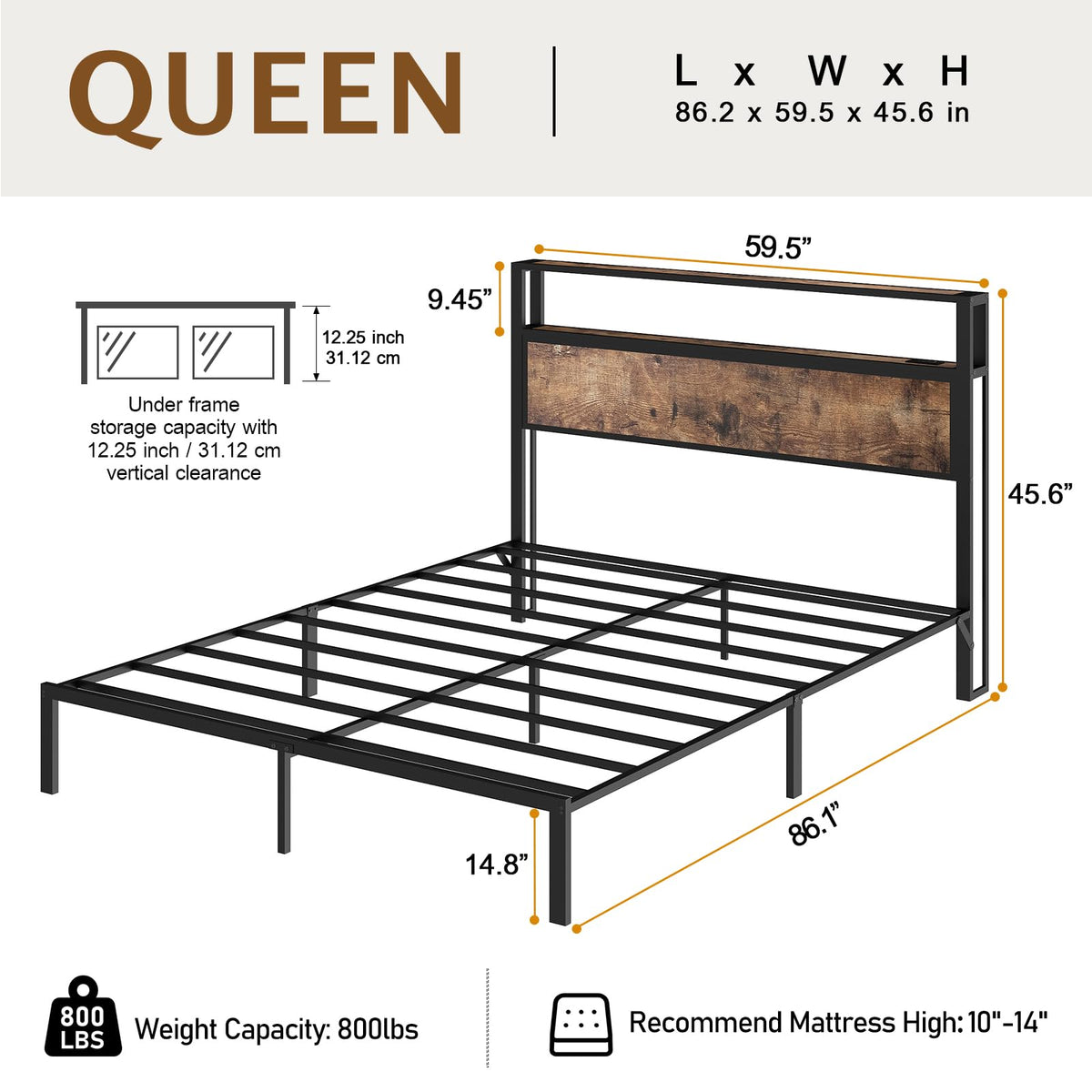 Queen Size Bed Frame with 2-Tier Storage Headboard V3686