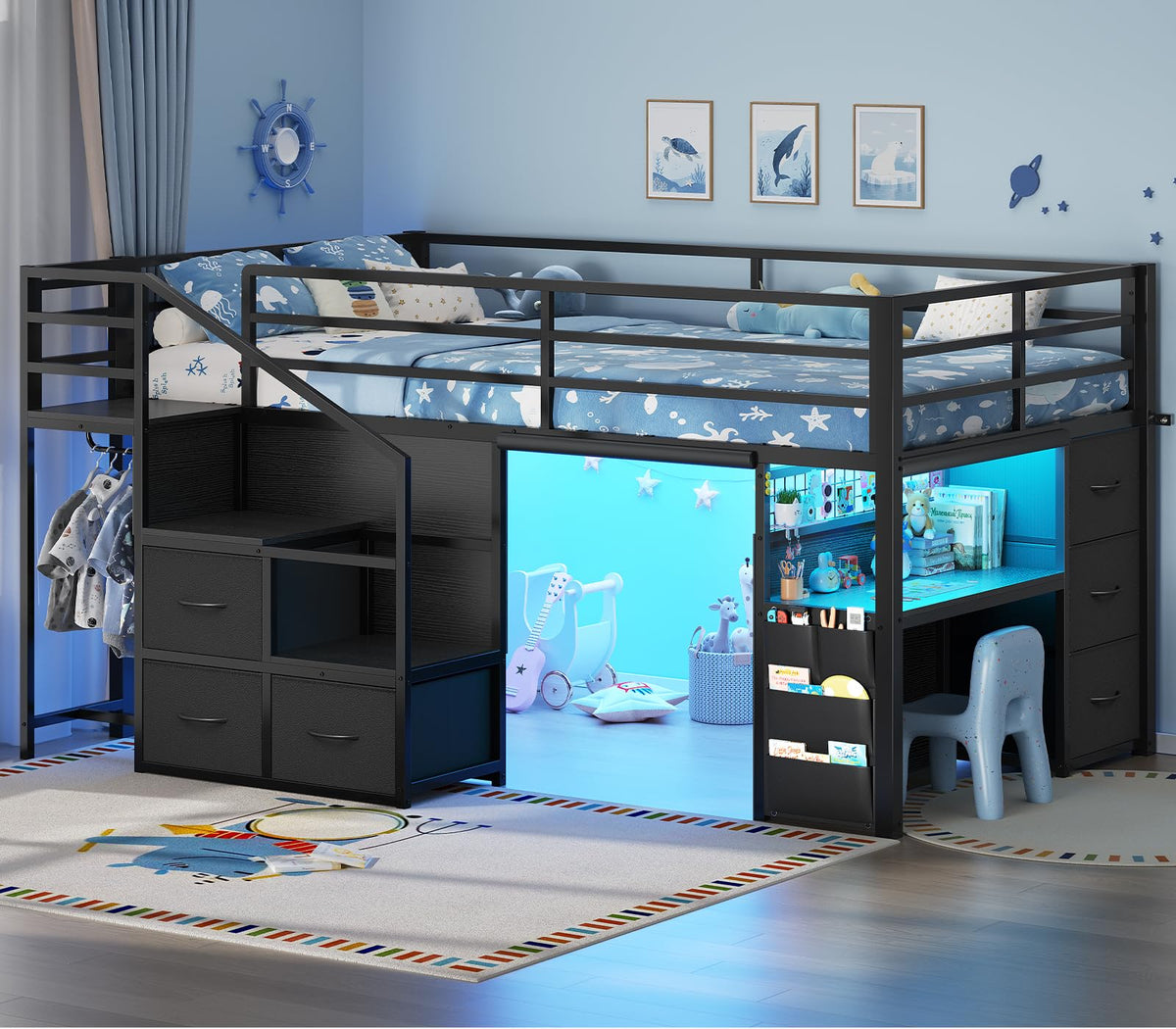 Twin Low Loft Bed with Stairs, Desk, 6 Storage Drawers, Black W8715