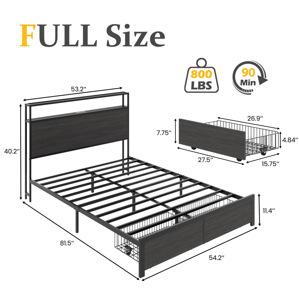 Rustic Grey Full Bed Frame with Charging Station U1700