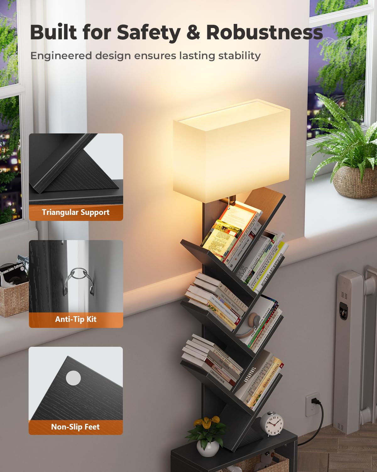 6 Tier Tree Bookshelf with Light, Black F101389