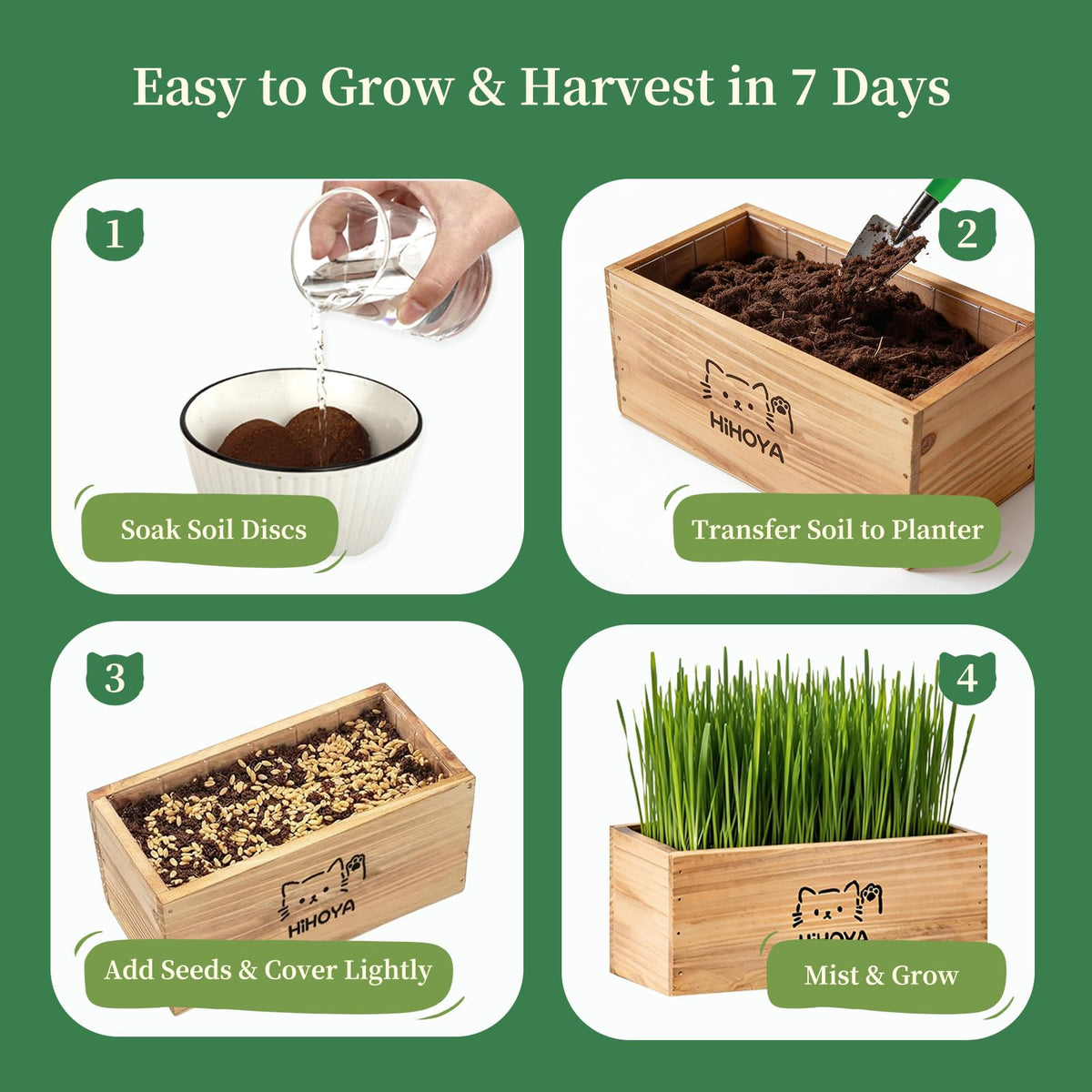 Cat Grass Kit with 5 Packets of Seeds, Wooden Planter, 6 Soil Discs, Trimming Scissors, Spray Bottle, and Mini Tools Z275866