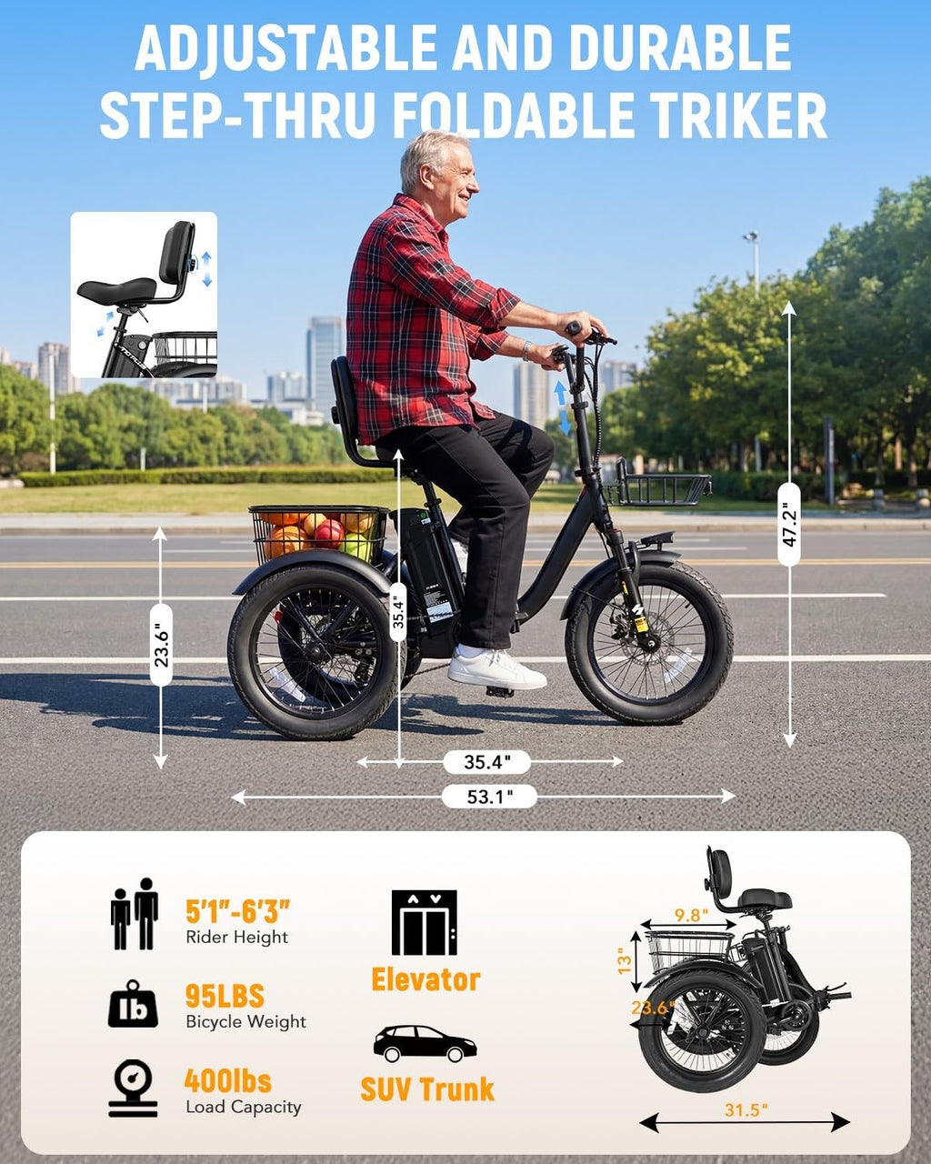 Electric Tricycle for Adults, 18"x3.0" Folding Step-Thru E Trike with 1200W Brushless Motor 48V 499.2Wh Removable Battery I313093