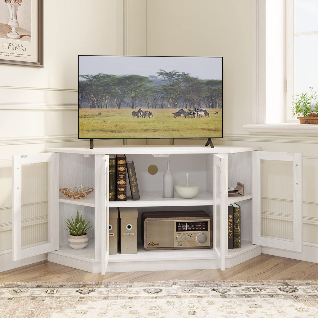 White 47 Inch Corner TV Stand with 4 Doors and Shelves W240