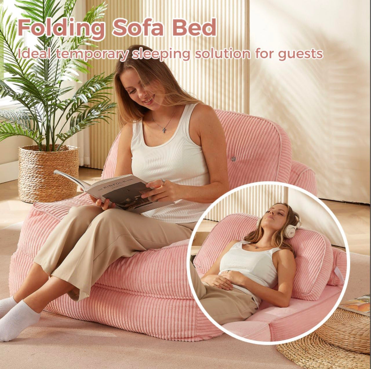 Pink Foldable Sofa Bed with Pillow & Blanket P1078