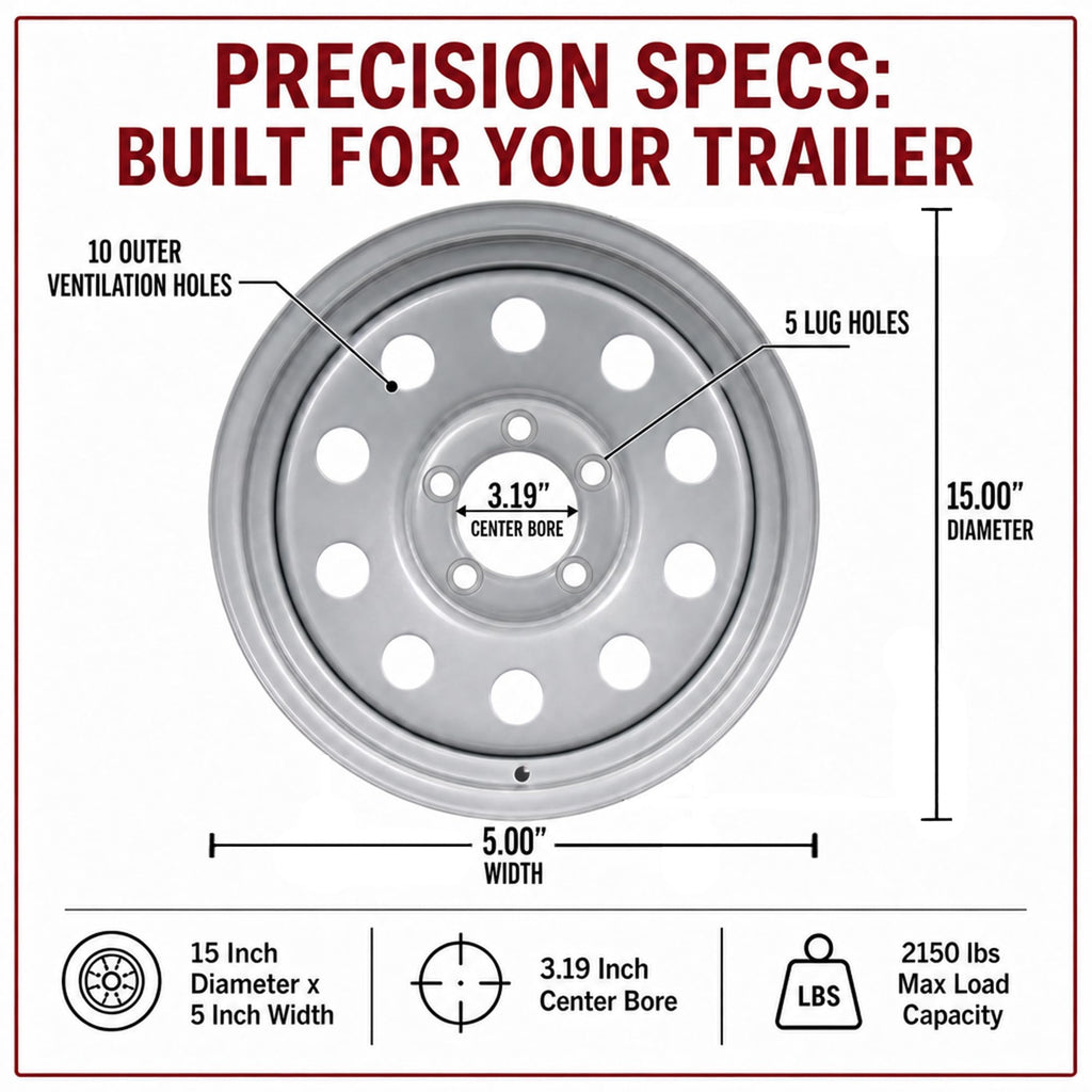 15 Inch 5 Lug Silver Trailer Wheel Y791