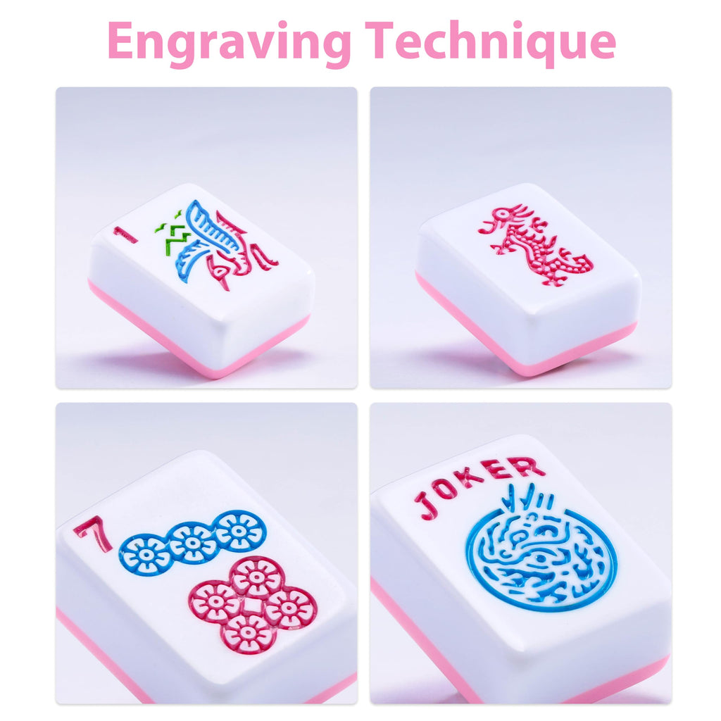 American Mahjong Set with Light Blue Carrying Bag, 166 Pink Engraved Melamine Tiles, 4 Transparent Racks with Pushers P32241