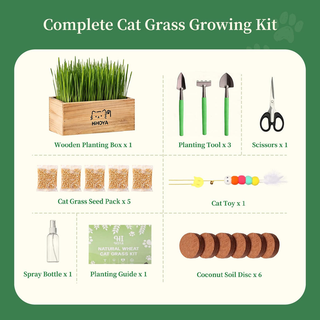 Cat Grass Kit with 5 Packets of Seeds, Wooden Planter, 6 Soil Discs, Trimming Scissors, Spray Bottle, and Mini Tools Z275866