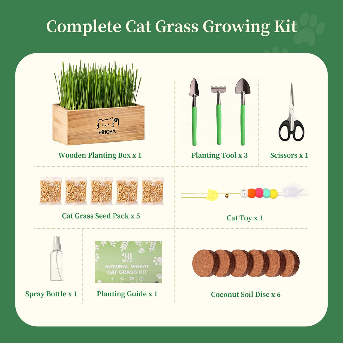 Cat Grass Kit with 5 Packets of Seeds, Wooden Planter, 6 Soil Discs, Trimming Scissors, Spray Bottle, and Mini Tools Z275866
