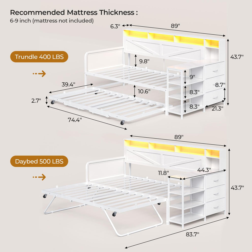 White Wood Daybed with Trundle and 3 Storage Drawers F890