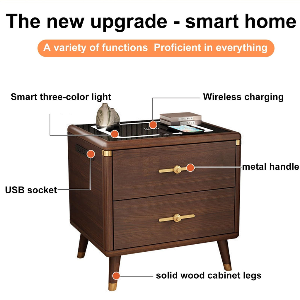 Solid Wood Nightstand with Wireless Charging Station and 2 Drawer Storage O8380