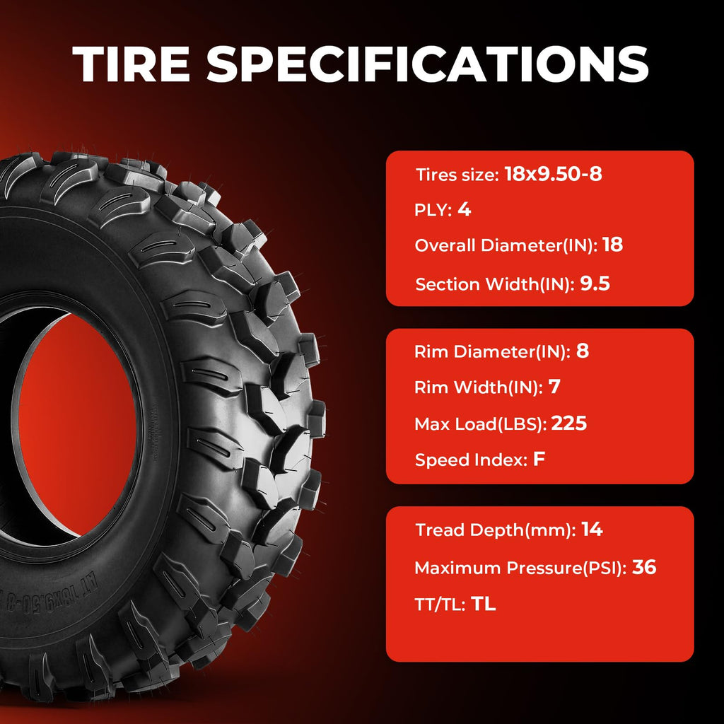 Set of 2 18x9.5-8 6 Ply Tubeless ATV Tires G607802
