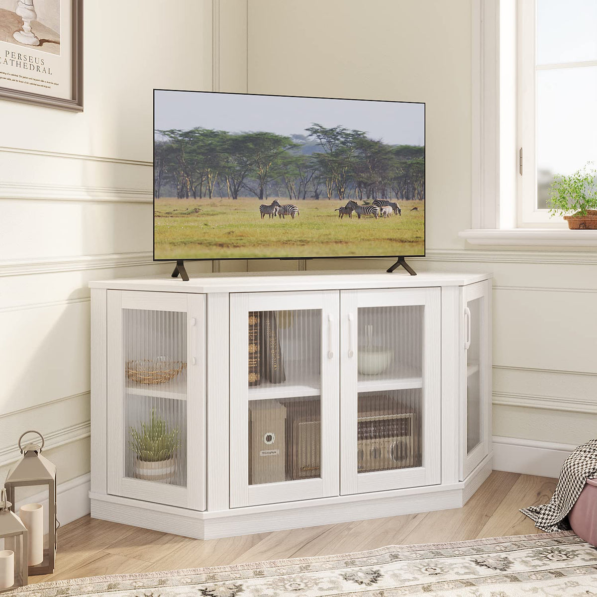 White 47 Inch Corner TV Stand with 4 Doors and Shelves W240