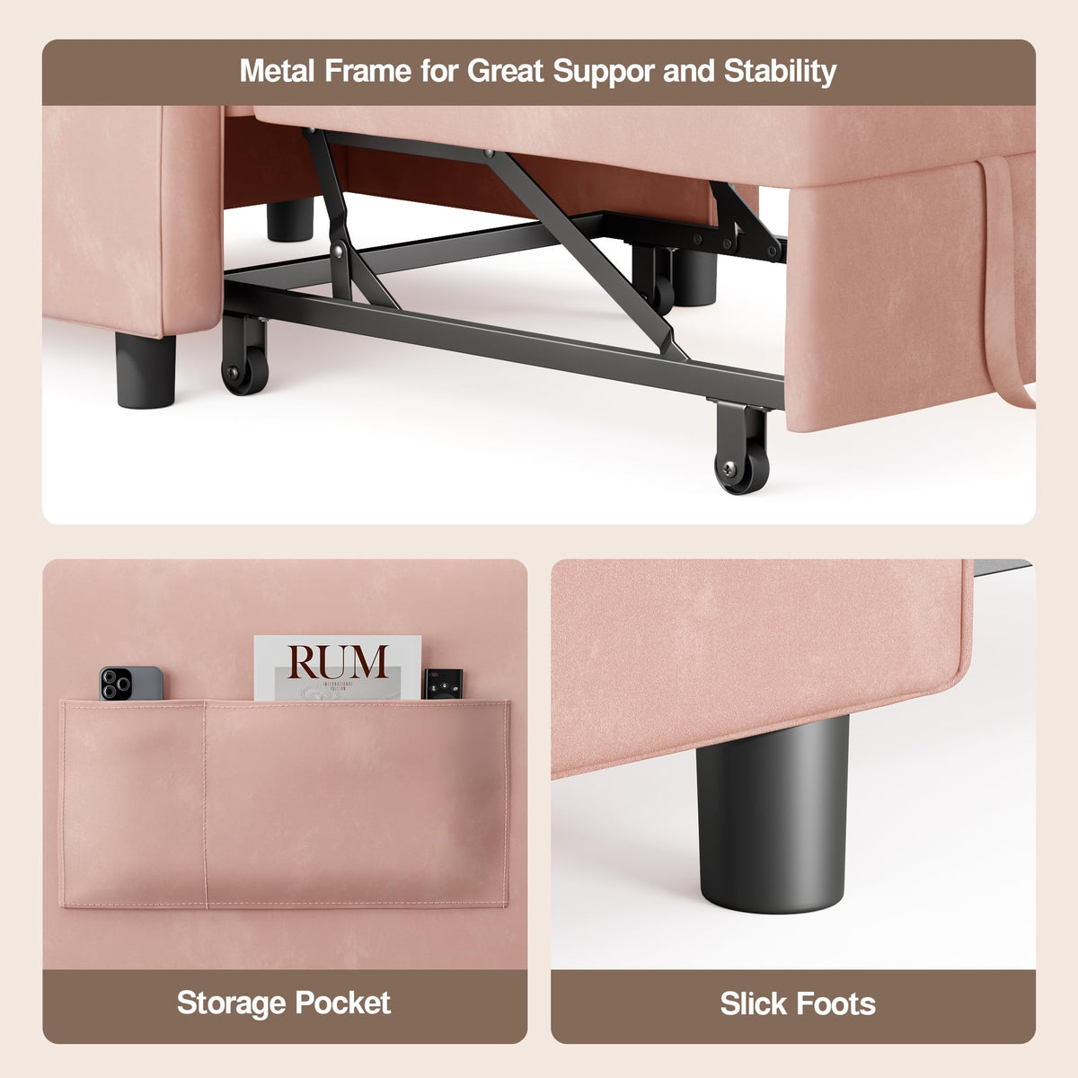 Pink Convertible Sleeper Chair Sofa Bed G25602