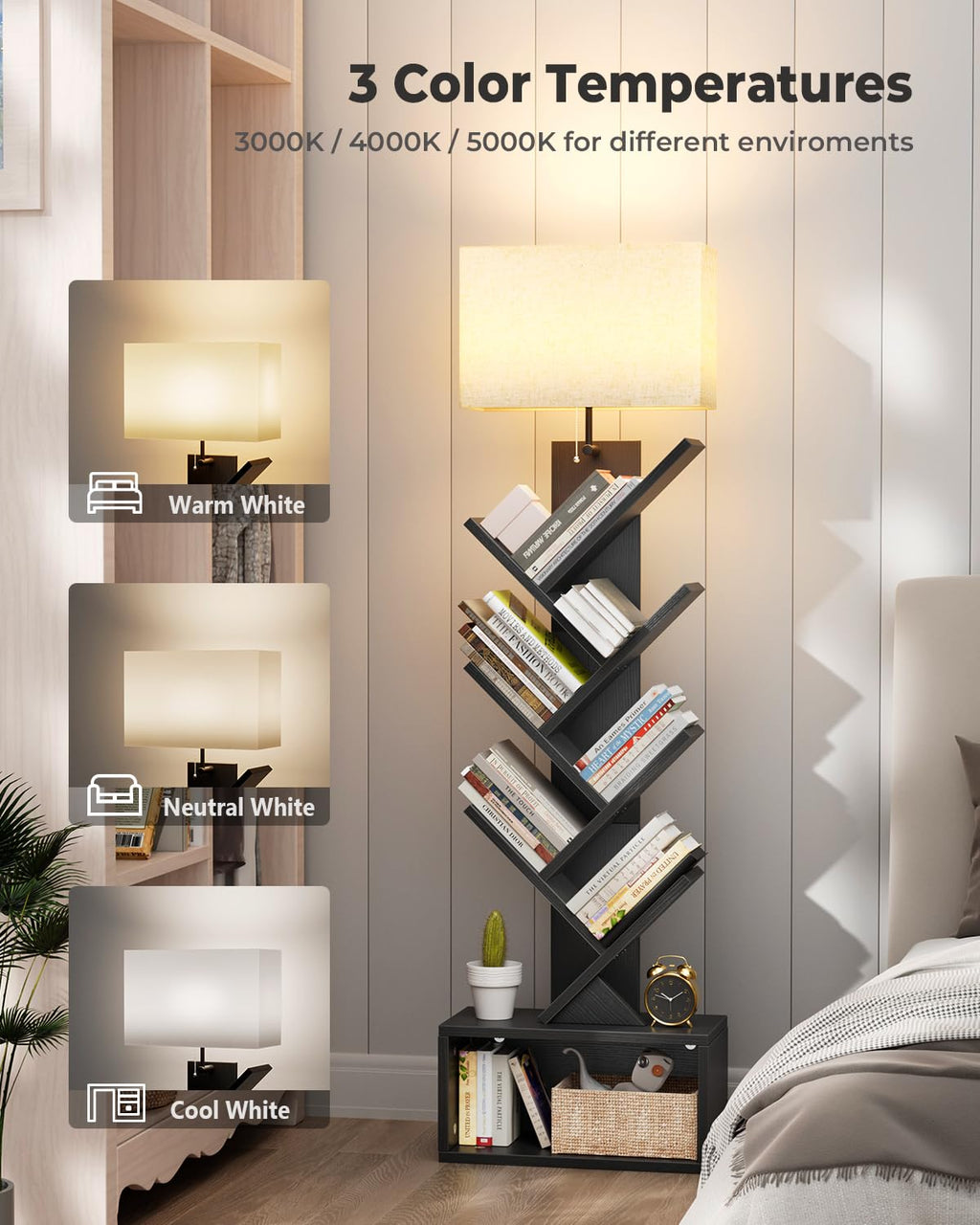 6 Tier Tree Bookshelf with Light, Black F101389