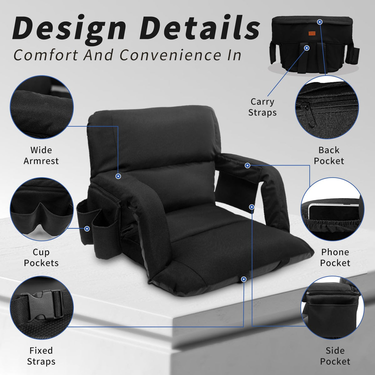 Black 25" Wide Stadium Seat with Back Support F46940