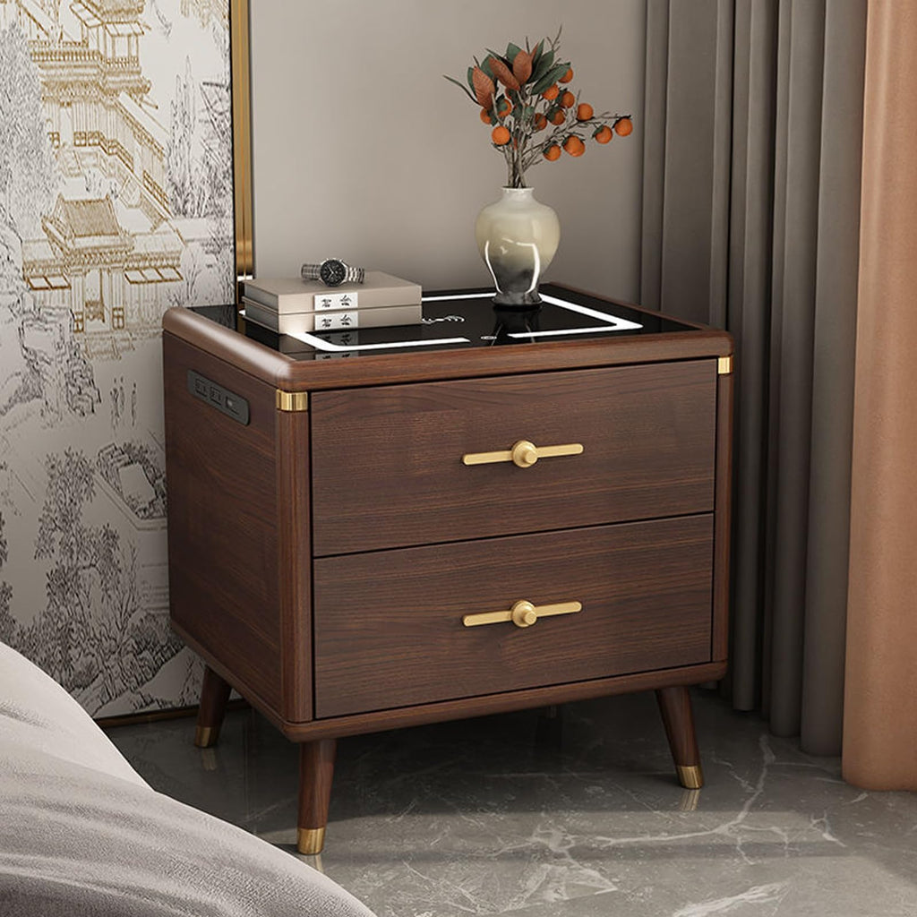 Solid Wood Nightstand with Wireless Charging Station and 2 Drawer Storage O8380