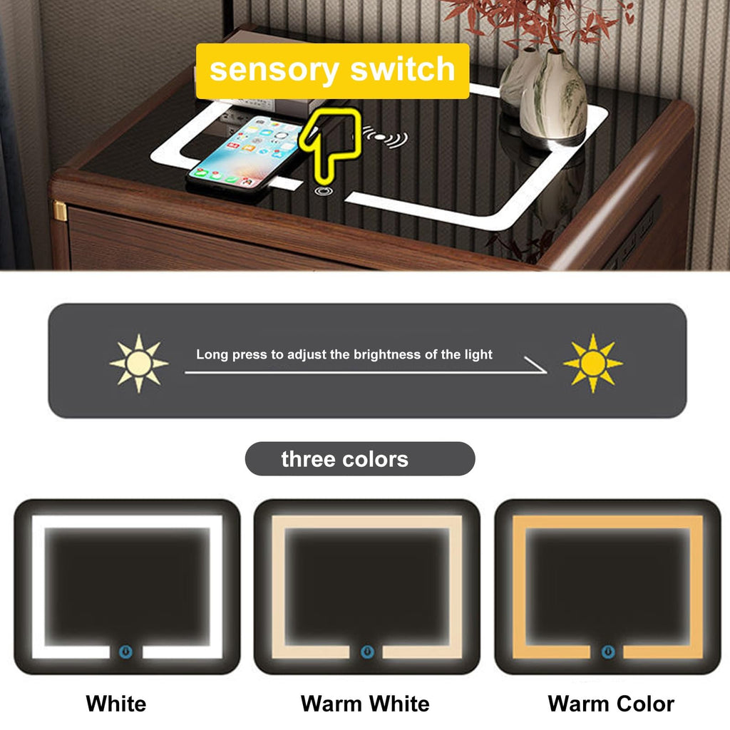 Solid Wood Nightstand with Wireless Charging Station and 2 Drawer Storage O8380