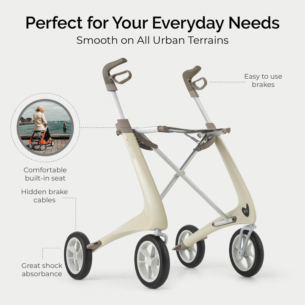 Carbon Ultralight Rollator Walker, 10.6 lbs, Oyster White, Compact H572