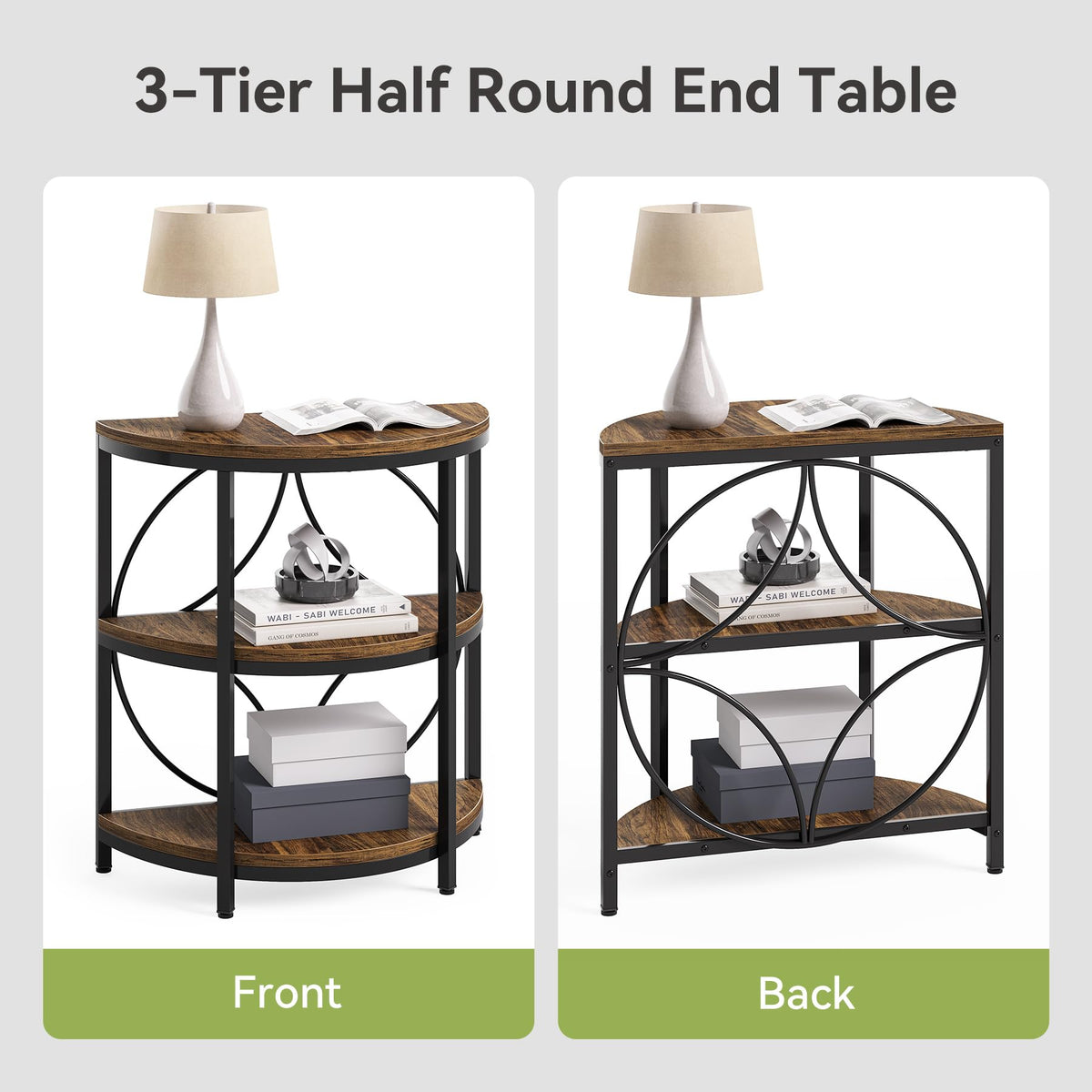 Half Round 3-Tier Narrow Side Table with Metal Frame U2564