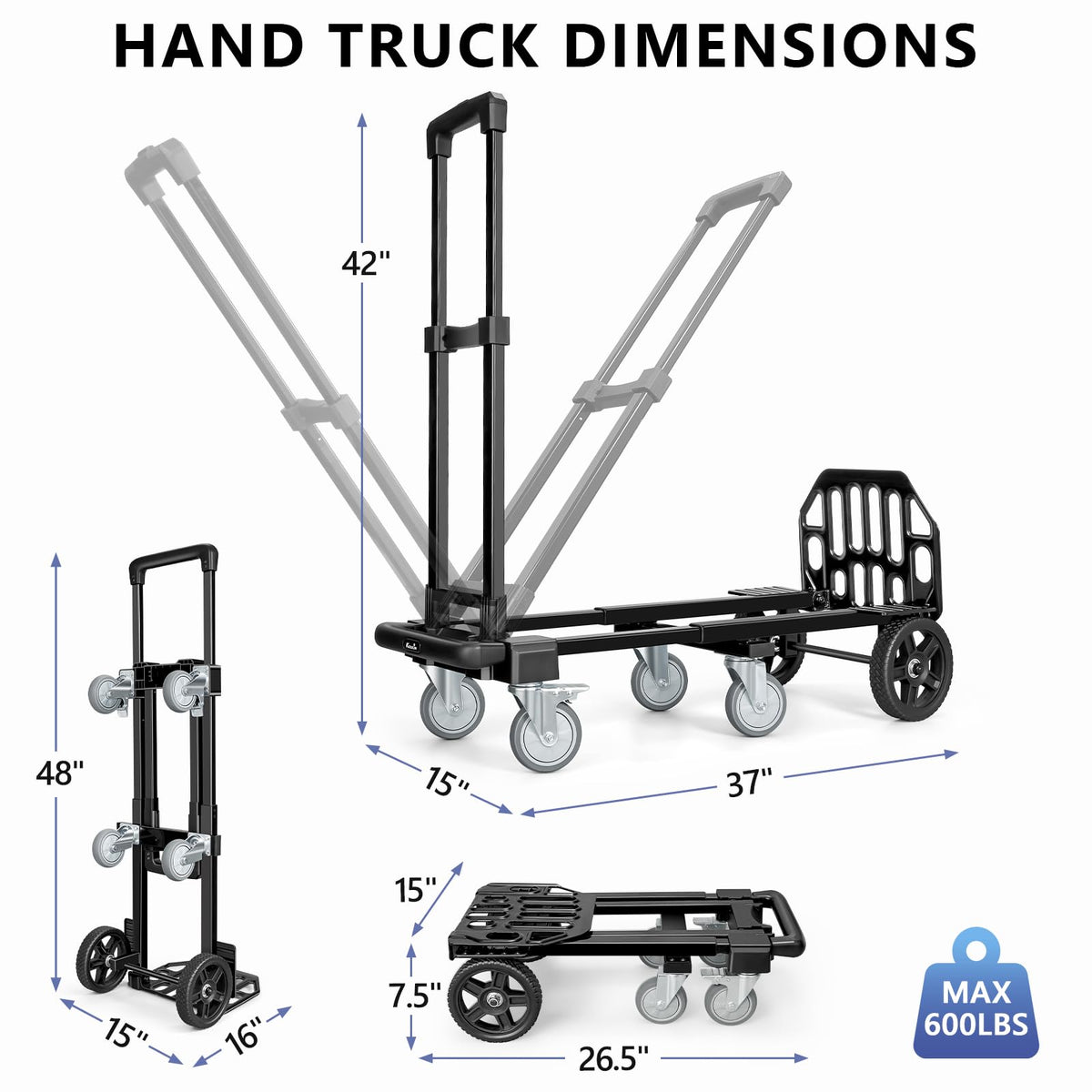3-in-1 Convertible Dolly Cart 600LB Hand Truck with 6 Wheels O35230