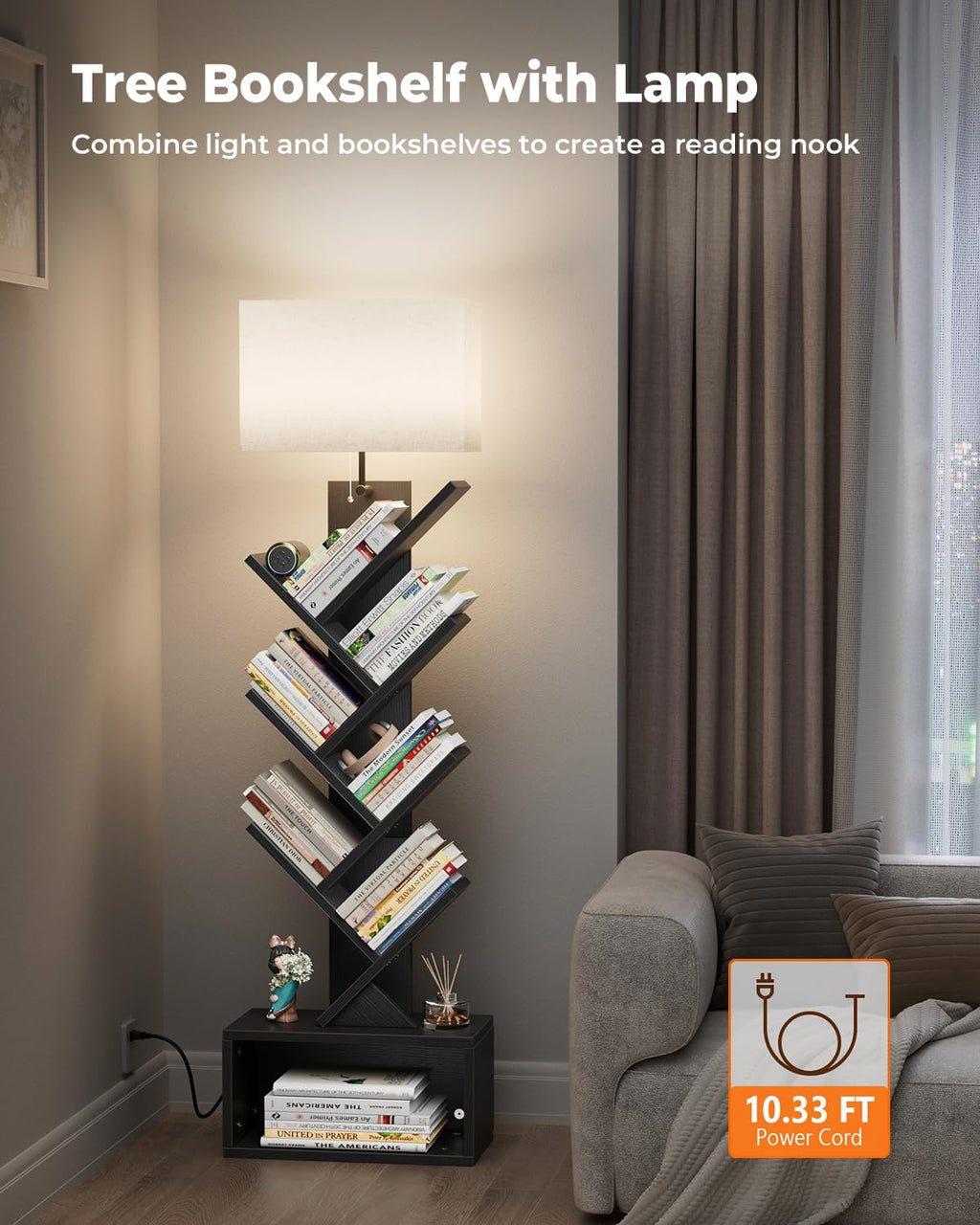 6 Tier Tree Bookshelf with Light, Black F101389
