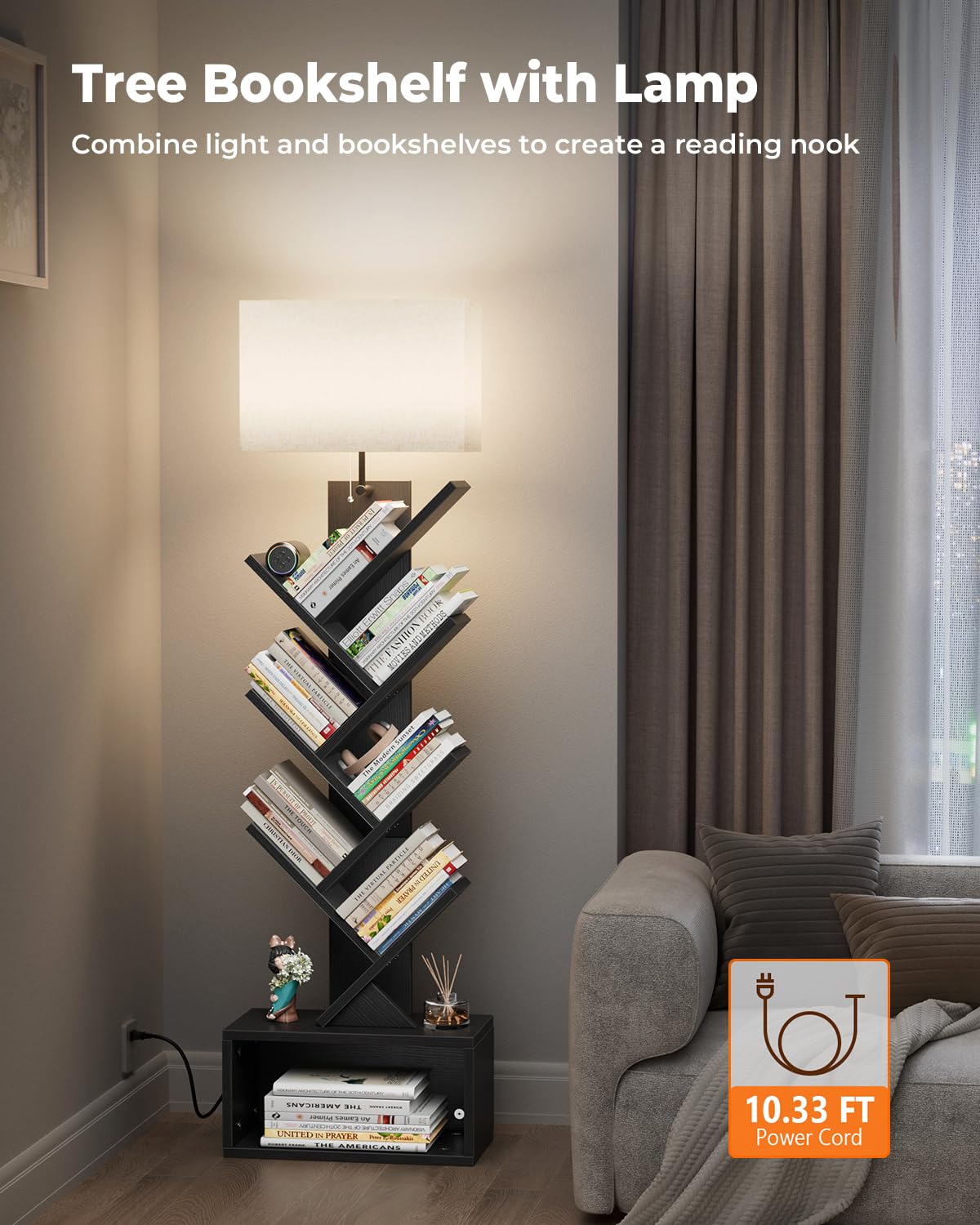 6 Tier Tree Bookshelf with Light, Black F101389