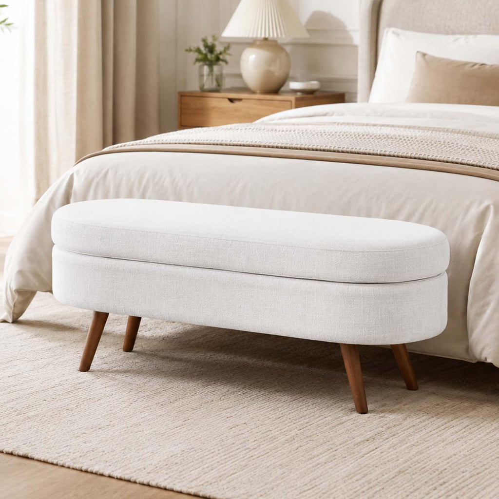 White Oval Storage Ottoman Bench with Rubber Wood Legs F695