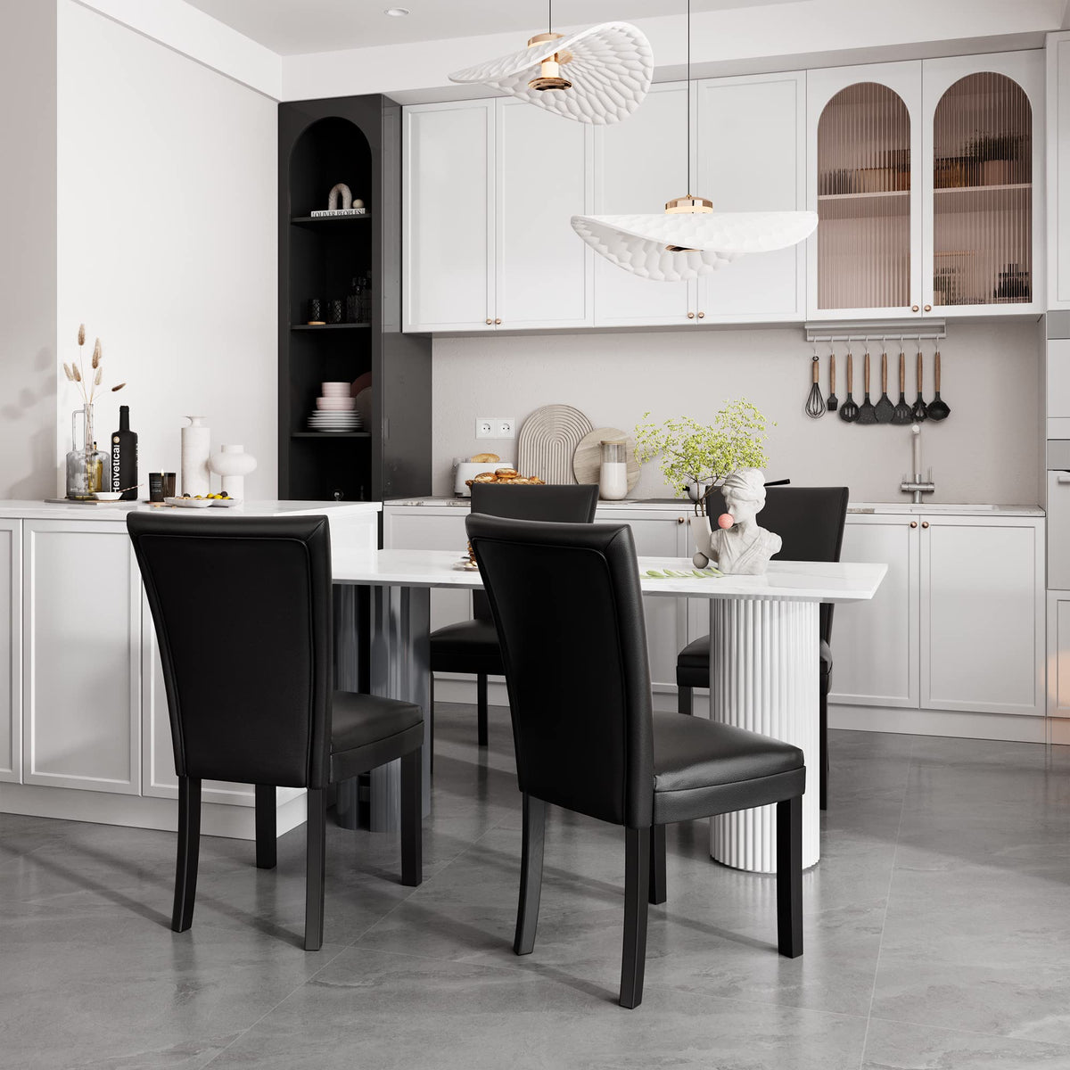 Set of 6 Black Faux Leather Upholstered Dining Chairs with Wood Legs C39542