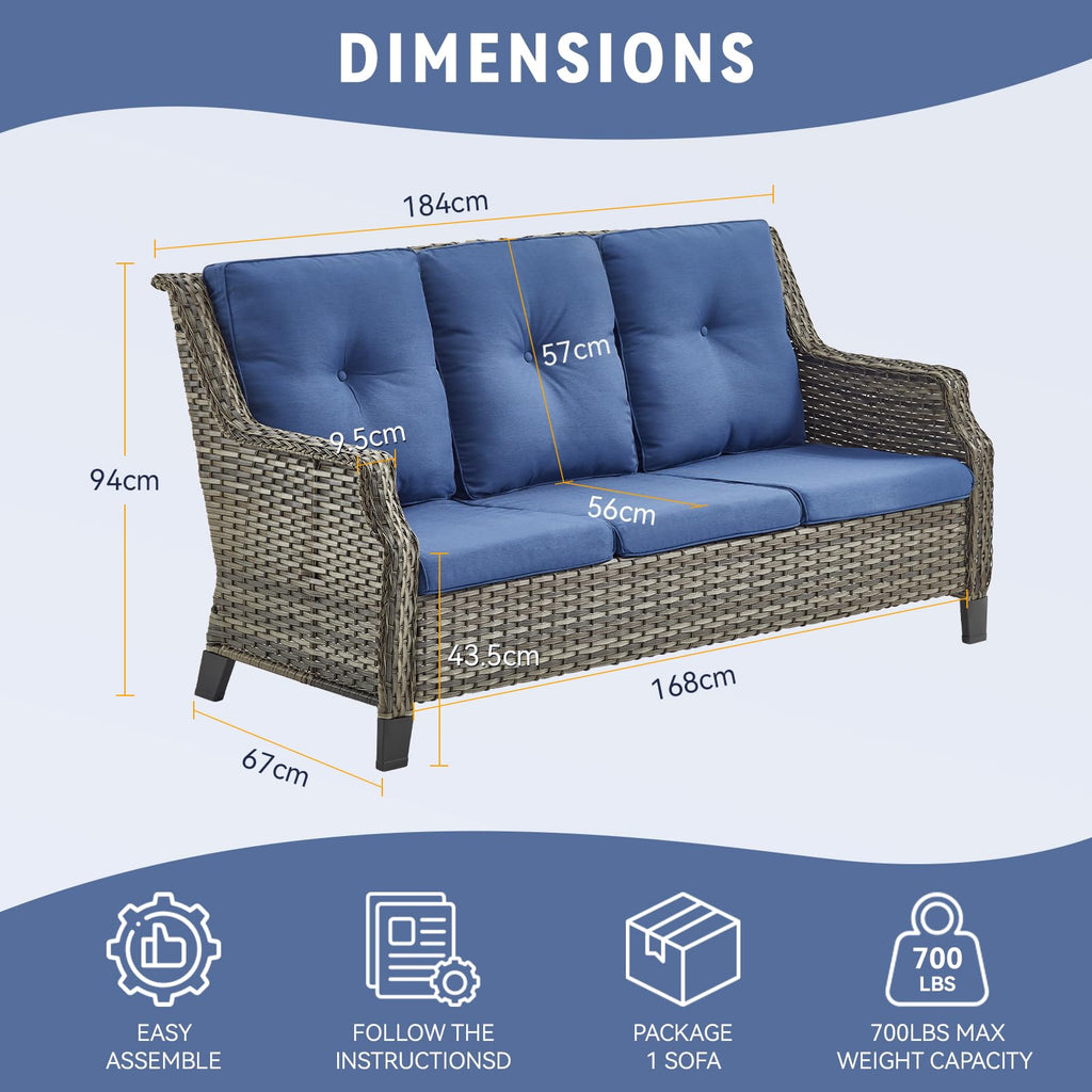 Grey Wicker 3pcs Patio Furniture Set with Blue Cushions K160