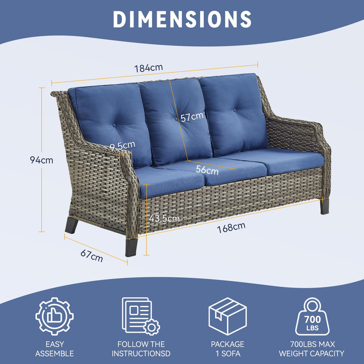 Grey Wicker 3pcs Patio Furniture Set with Blue Cushions K160