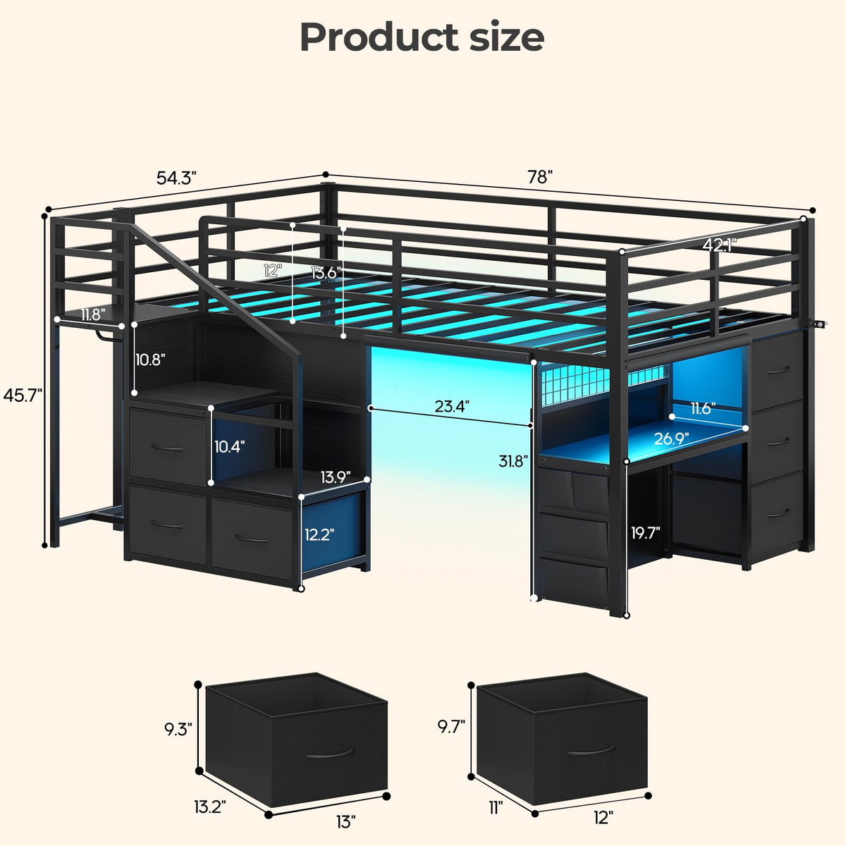 Twin Low Loft Bed with Stairs, Desk, 6 Storage Drawers, Black W8715