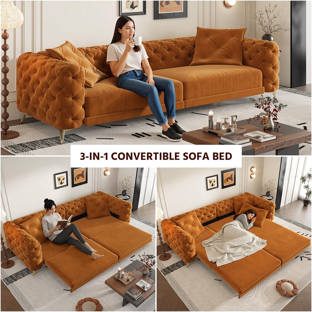 97.7" 3-in-1 Convertible Sleeper Sofa, Tufted Velvet Pull-Out Sofa Bed with Ottoman L79371